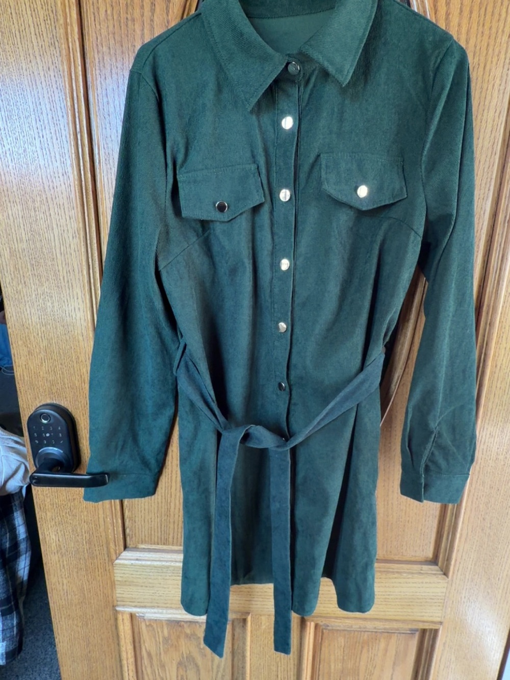 SHEIN Dark Green Corduroy Belted Shirt Dress Women’s Large